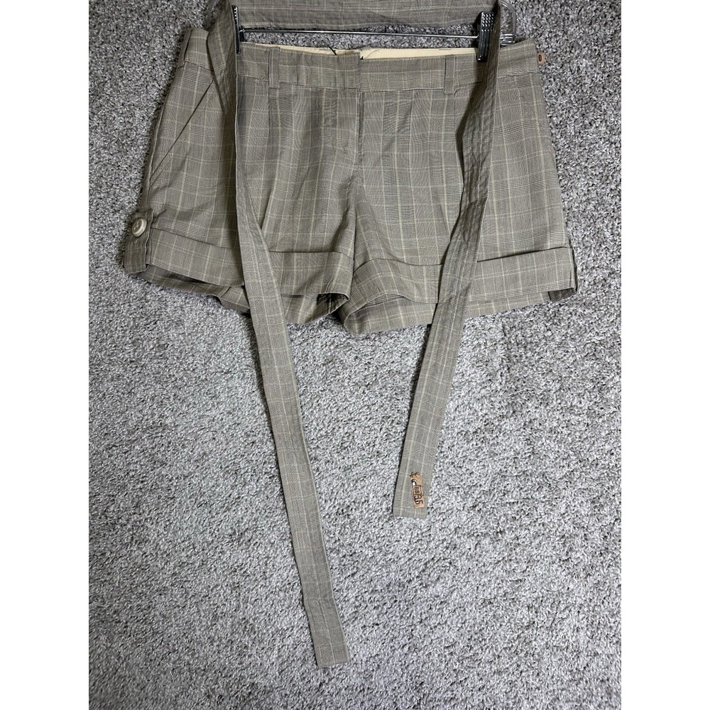 Zinc Plaid Belted Shorts 7 Tan Brown Cuffed Stretch Low Rise